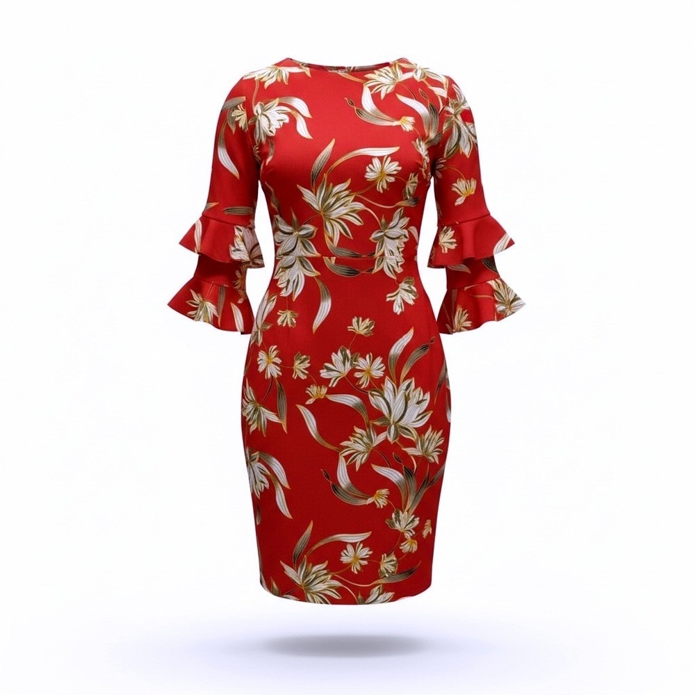 Jaclyn Smith Red Floral Ruffle Bell Sleeve Shift Dress Womens Large